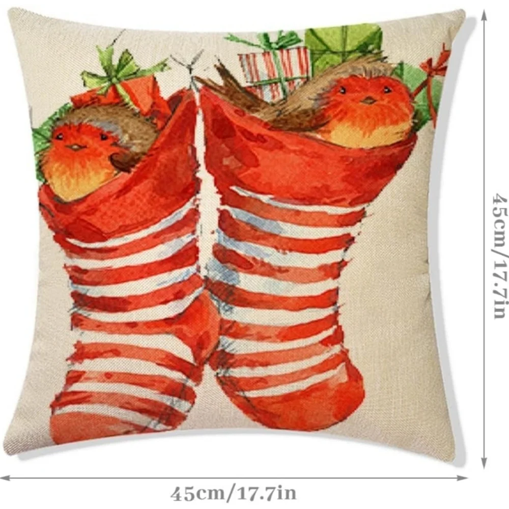 WhoMeaf Set of 4 Christmas Candy Cane Edged Pillowcases with a Robin Theme